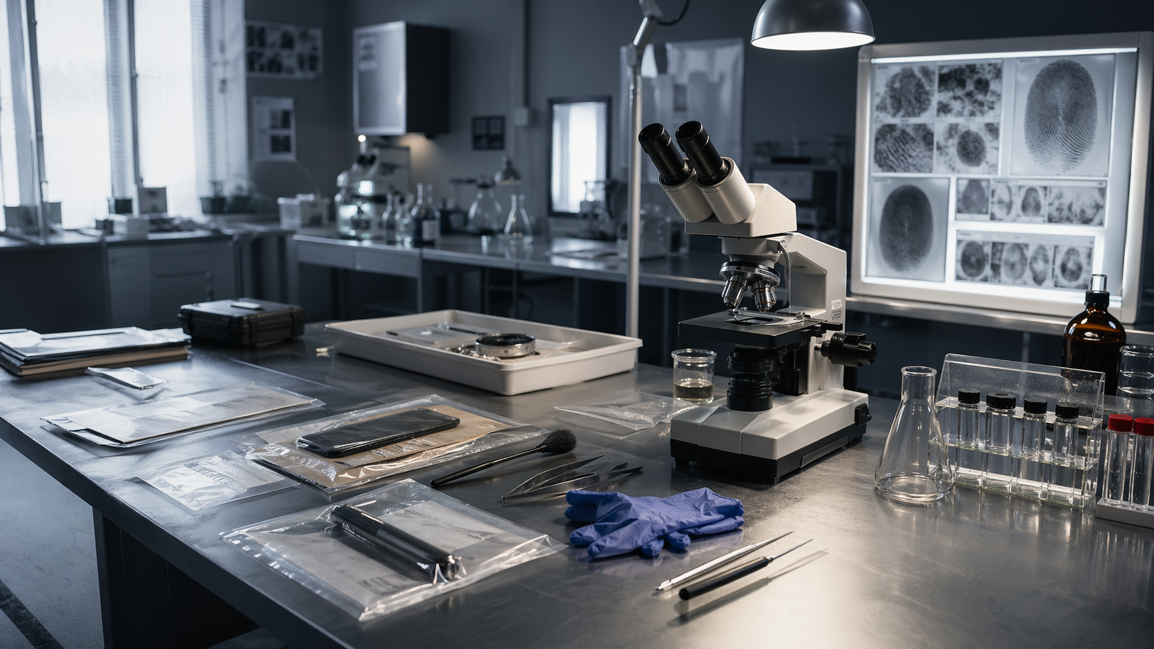 Лабораторне робоче місце судового експерта з мікроскопом та матеріалами дослідження